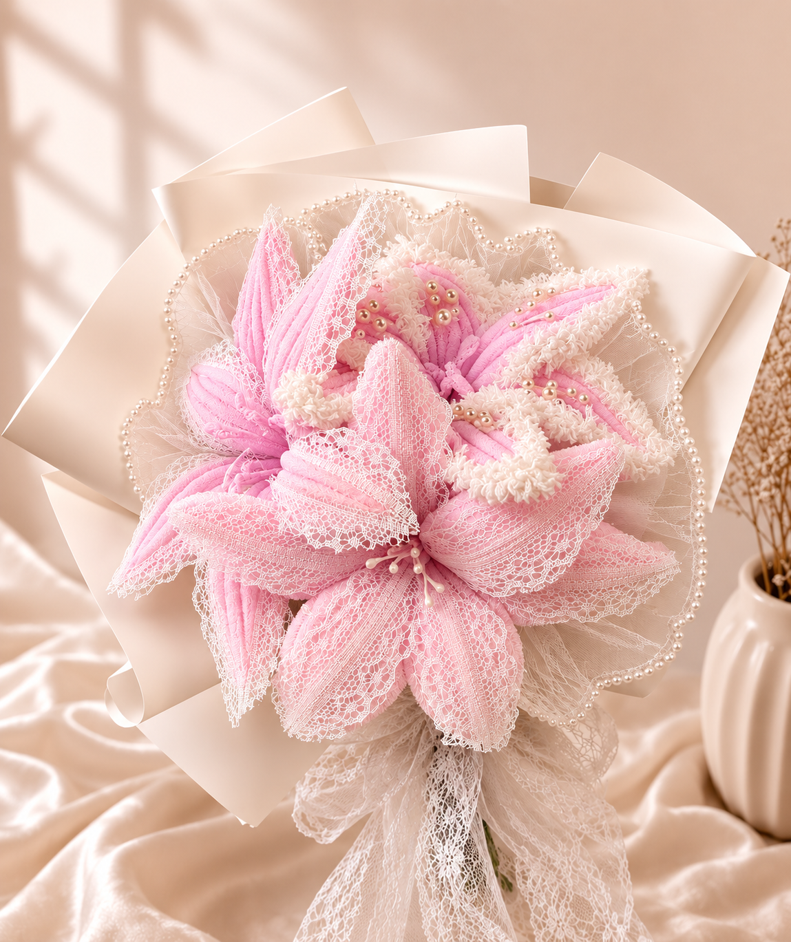 Soft Blush Lily Bouquet mit Spitze